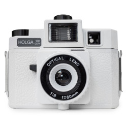 HOLGA 120 GCFN, fotoaparát s bleskom a skleneným objektívom, biely
