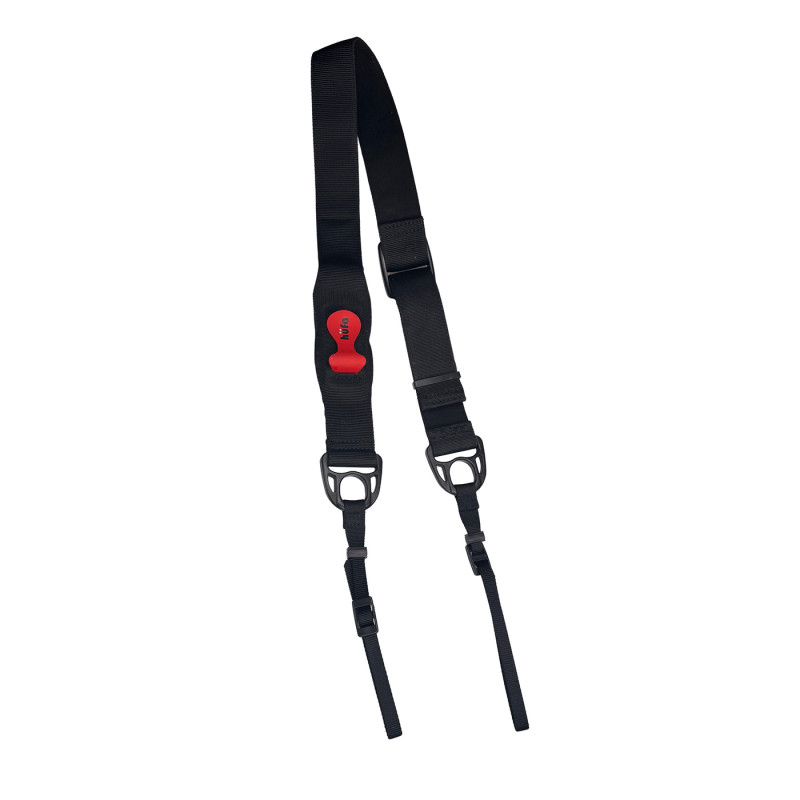 Hüfa camera strap with red lens cap holder
