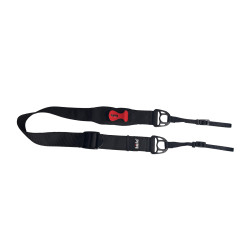 Hüfa camera strap with red lens cap holder